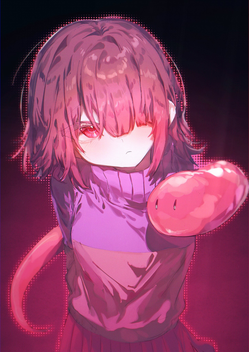 1girl, aegyo_sal, akumu_(glitchtale), alternate_universe, arms_behind_back, bete_noire, black_background, bright_pupils, brown_hair, choco_rabbitt, closed_mouth, commentary, cowboy_shot, english_commentary, glitchtale, gradient_background, gradient_hair, hair_over_one_eye, halftone, hashtag-only_commentary, highres, long_sleeves, looking_at_viewer, medium_hair, multicolored_hair, pink_background, pink_eyes, pink_hair, pink_skirt, pink_sweater, pink_theme, pleated_skirt, purple_sweater, simple_background, skirt, solo, sweater, turtleneck, turtleneck_sweater, two-tone_sweater, undertale, white_pupils