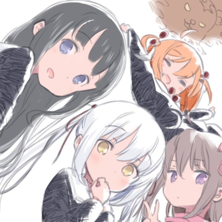 4girls, ahoge, arms_up, black_hair, black_shirt, blue_eyes, blue_trim, blunt_bangs, closed_eyes, closed_mouth, gokotai_yoshimitsu, gotou_toushirou_(tenka_hyakken), grey_hair, hair_ornament, hairband, hairclip, hand_to_own_mouth, itafukasu, long_hair, long_sleeves, looking_at_viewer, medium_hair, midare_toushirou_(tenka_hyakken), multicolored_hair, multiple_girls, namazuo_toushirou_(tenka_hyakken), open_mouth, orange_hair, purple_trim, red_trim, sailor_collar, scarf, shirt, short_hair, smile, tenka_hyakken, tiger, tiger_cub, twintails, two-tone_hair, v, very_long_hair, violet_eyes, white_background, white_hair, white_tiger, yellow_eyes