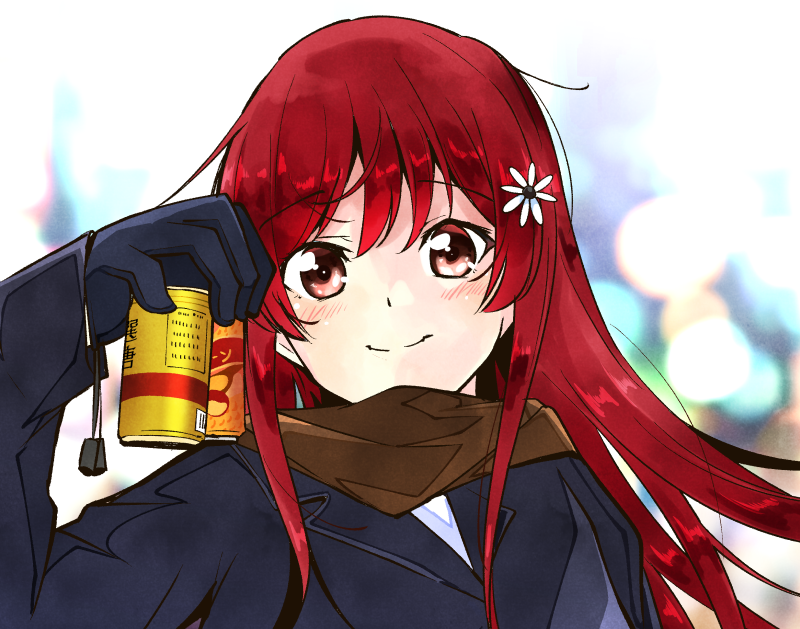 1girl, 22/7, black_gloves, black_jacket, blurry, blush, brown_eyes, brown_scarf, can, closed_mouth, depth_of_field, drink_can, flower, gloves, hair_flower, hair_ornament, holding, holding_can, jacket, long_hair, looking_at_viewer, outdoors, portrait, redhead, sato_reika, scarf, smile, solo, trefle_r, white_flower