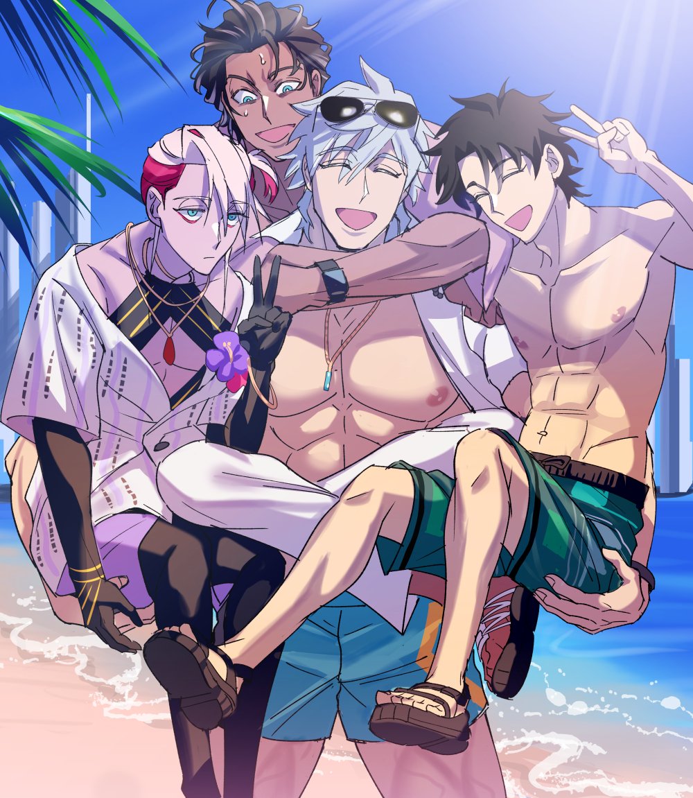 4boys, abs, aviator_sunglasses, bartholomew_roberts_(fate), beach, black_hair, blue_eyes, bv_illust