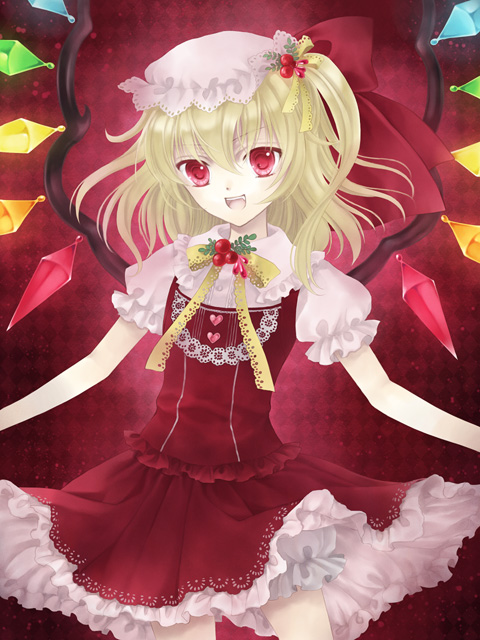 blonde, blonde_hair, bloomers, bow, dress, fang, flandre_scarlet, frills