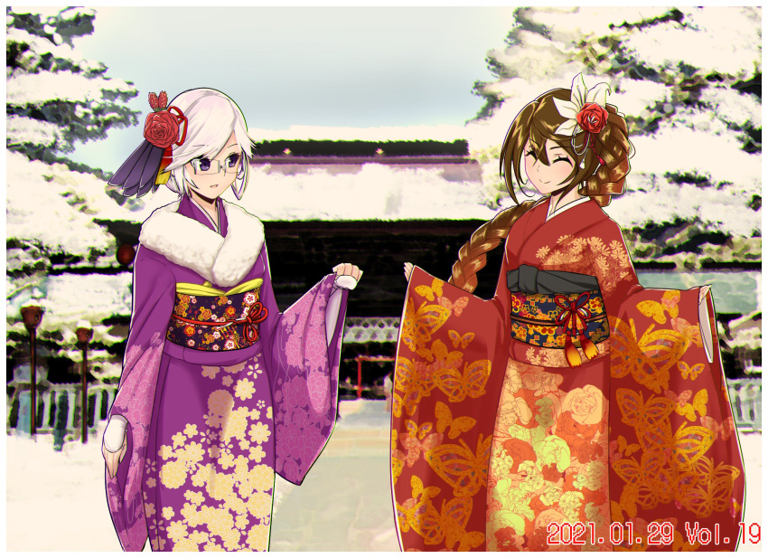 2girls, alternate_costume, alternate_hairstyle, braid, braided_ponytail, brown_hair, brown_kimono, closed_eyes
