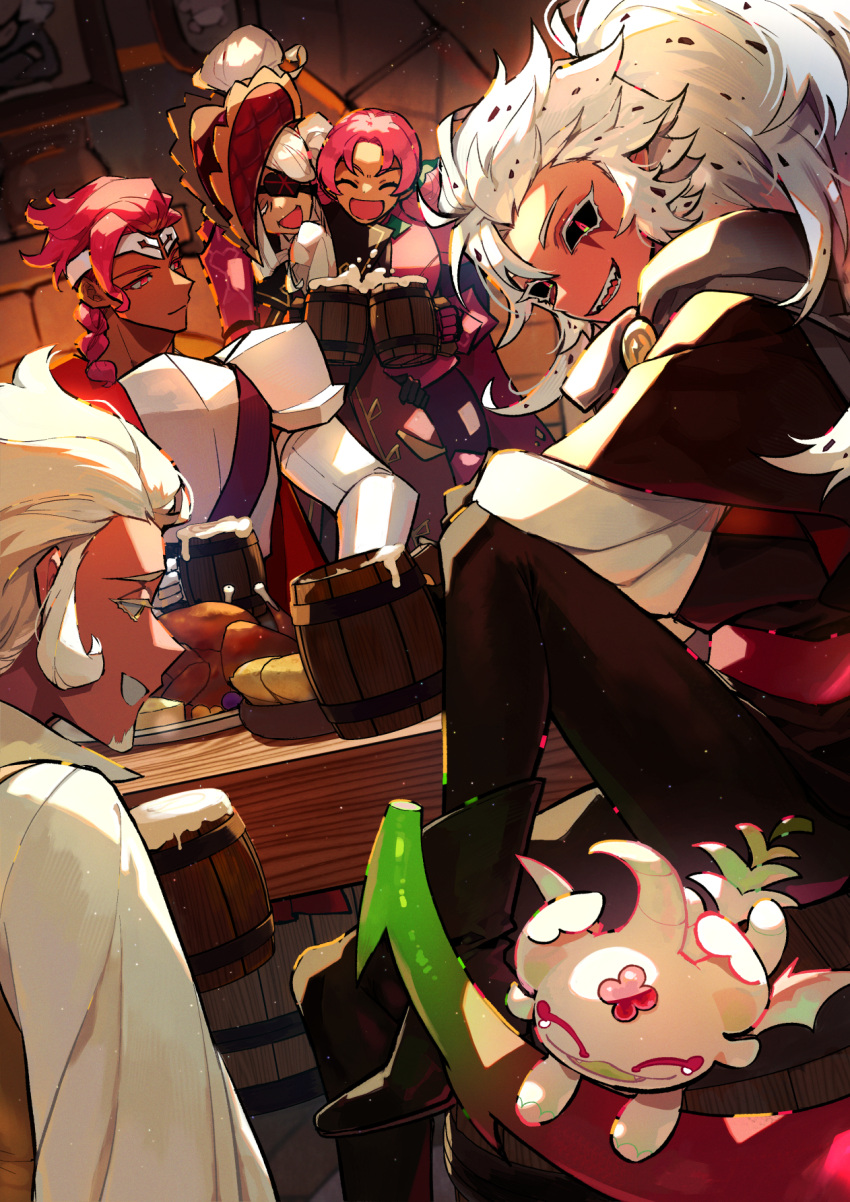 1other, 2boys, 2girls, :d, ^_^, alcohol, armor, armored_gloves