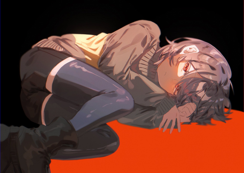 1other, ankle_boots, black_background, black_footwear, black_shorts, boots, brown_hair, brown_sweater, chara_(undertale), choco_rabbitt, closed_mouth, commentary, english_commentary, full_body, grey_thighhighs, hands_up, hashtag-only_commentary, highres, long_sleeves, looking_at_viewer, lying, on_side, other_focus, puffy_long_sleeves, puffy_sleeves, red_eyes, short_hair, short_shorts, shorts, simple_background, solo, striped_clothes, striped_sweater, sweater, thigh-highs, turtleneck, turtleneck_sweater, two-tone_sweater, undertale, yellow_sweater