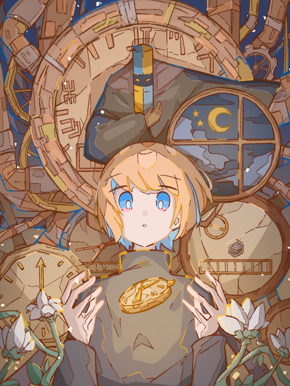 1girl, black_shirt, blonde_hair, blue_hair, clock, colored_inner_hair, flower, highres