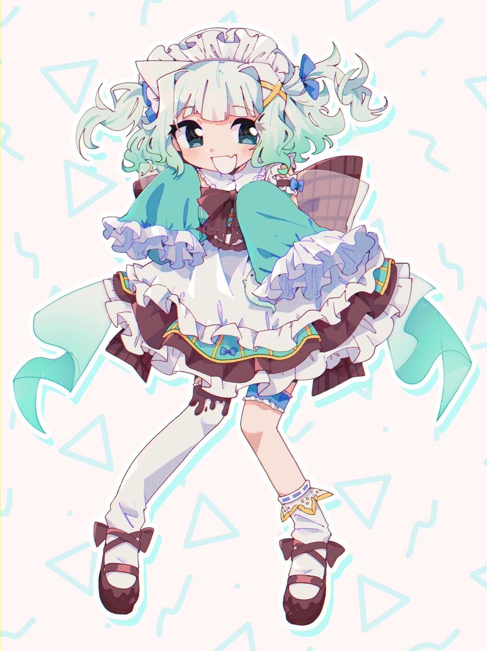 :d, apron, aqua_dress, aqua_hair, asymmetrical_legwear, blue_eyes, bow, bowtie