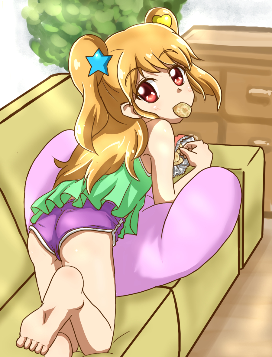 1girl, aikatsu!, aikatsu!_(series), clothes_rack, couch, looking_back, maruike_(sekaijunoki110), natsuki_mikuru, on_couch, orange_eyes