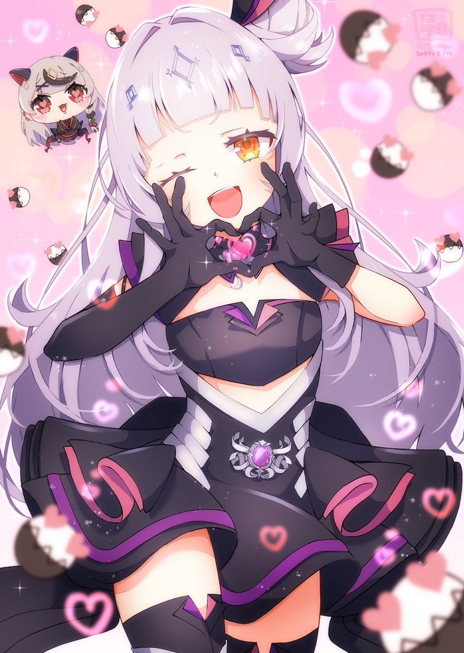 2girls, animal_ears, black_dress, black_gloves, black_hair, black_thighhighs, cat_ears, dress