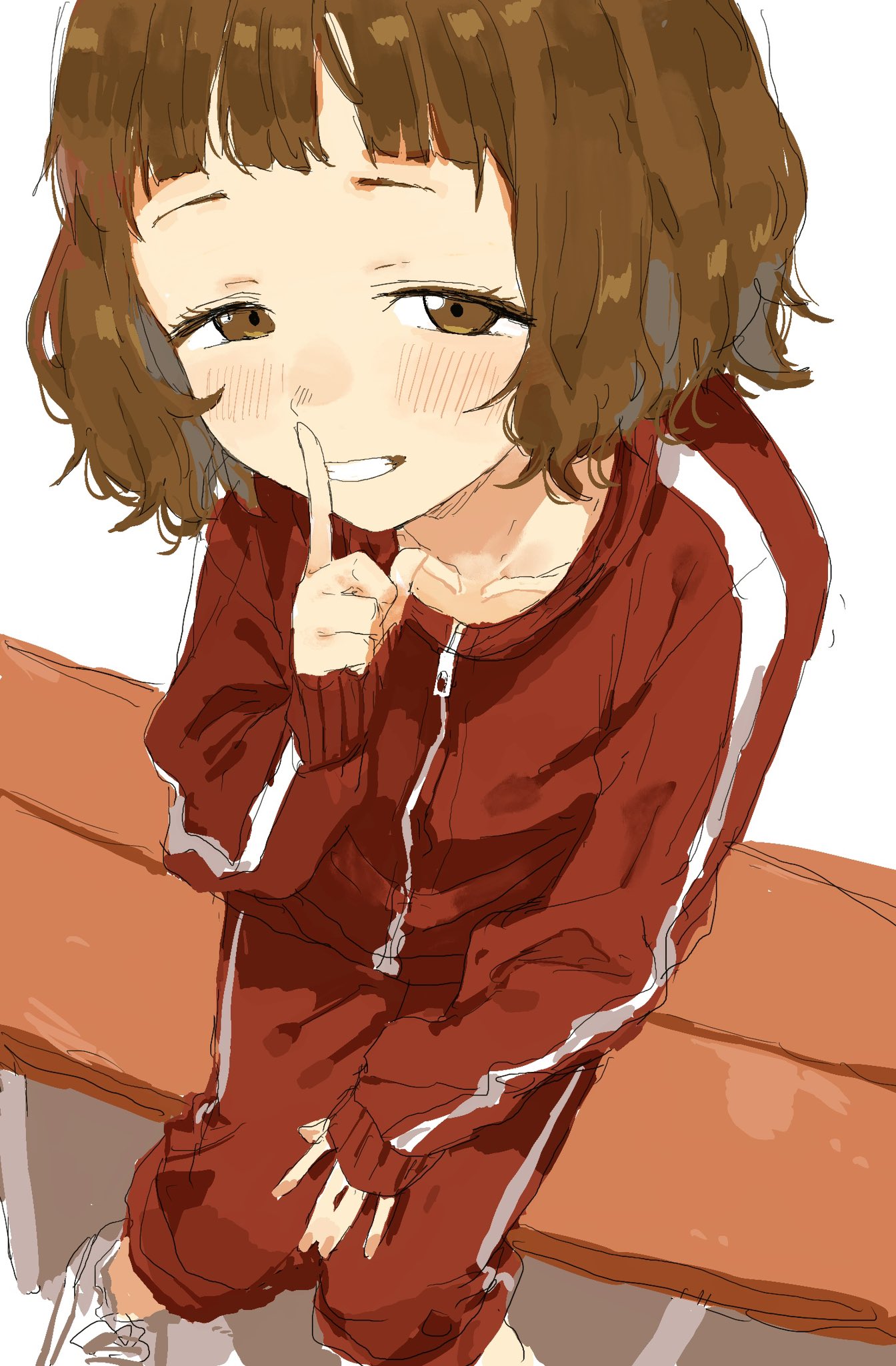 1girl, blush, brown_eyes, brown_hair, closed_mouth, collarbone, commentary_request, finger_to_mouth