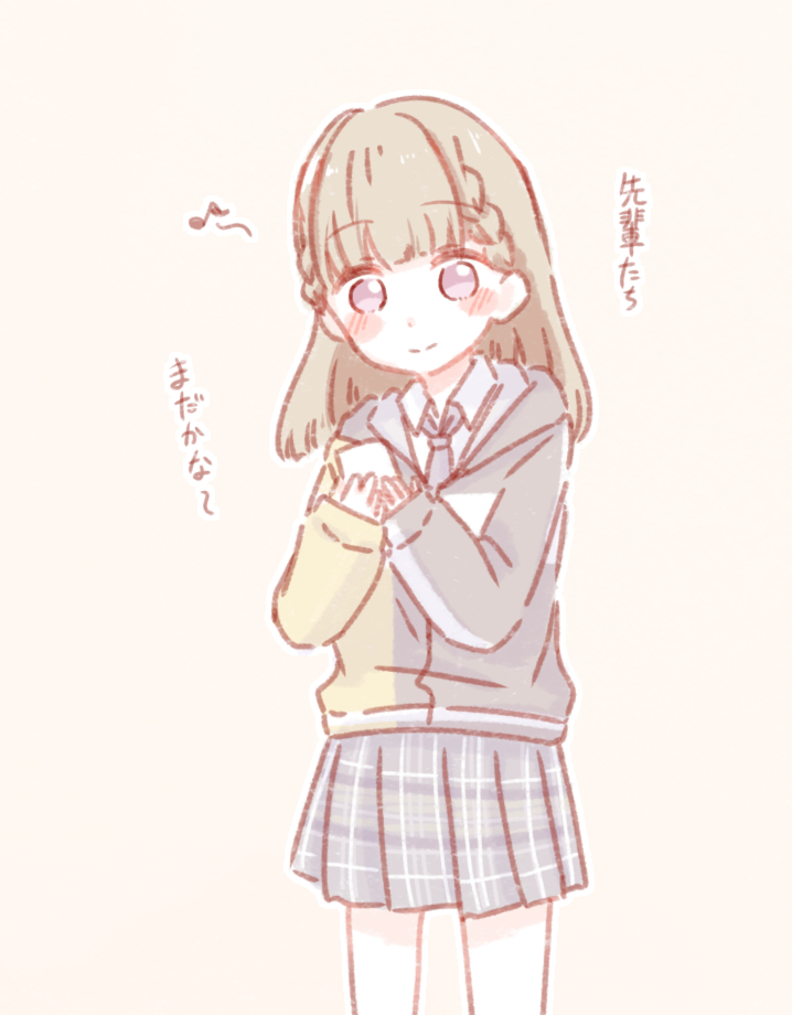 1girl, black_jacket, blue_necktie, blush, braid, brown_background, brown_hair, center-flap_bangs