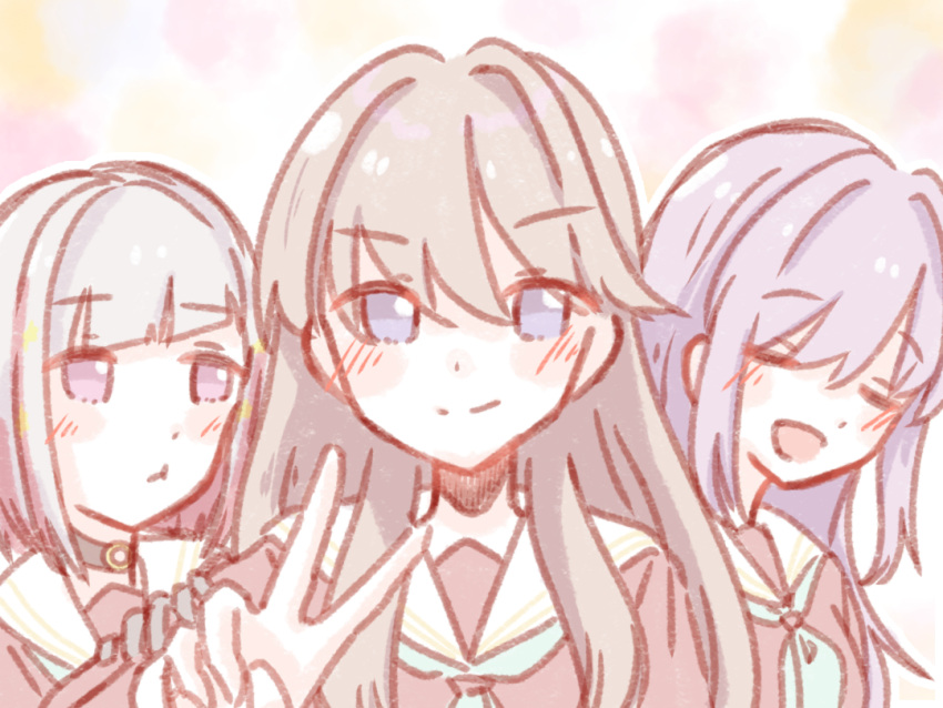 3girls, :d, :t, aqua_neckerchief, black_choker, blush, bob_cut, brown_dress