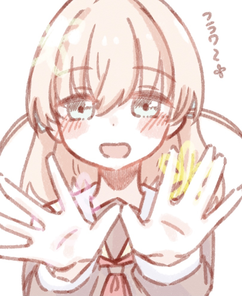 1girl, :d, \||/, aqua_eyes, blush, brown_dress, catchphrase, commentary