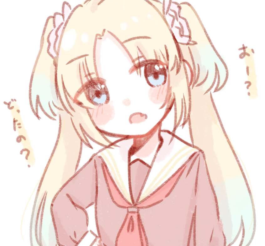 1girl, :o, blonde_hair, blue_eyes, blue_hair, blush, brown_dress, commentary, dress, fang, flower, gradient_hair, hair_flower, hair_ornament, hasu_no_sora_school_uniform, head_tilt, light_blue_hair, link!_like!_love_live!, long_hair, long_sleeves, love_live!, momiji_(moj_0404), multicolored_hair, neckerchief, open_mouth, osawa_rurino, parted_bangs, pink_flower, red_neckerchief, sailor_collar, sailor_dress, school_uniform, simple_background, skin_fang, solo, split_mouth, translation_request, twintails, virtual_youtuber, white_background, white_sailor_collar, winter_uniform