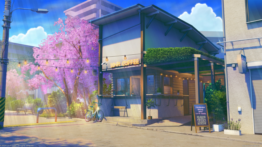 apartment, bench, bicycle, blue_sky, building, bush, cafe, cherry_blossoms