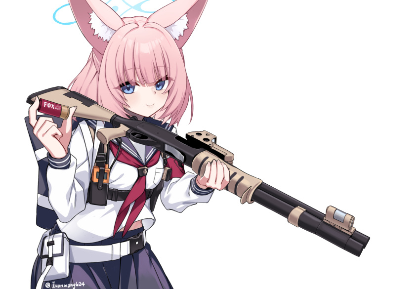 1girl, animal_ear_fluff, animal_ears, armband, artist_name, belt_pouch, benelli_m3, blue_archive