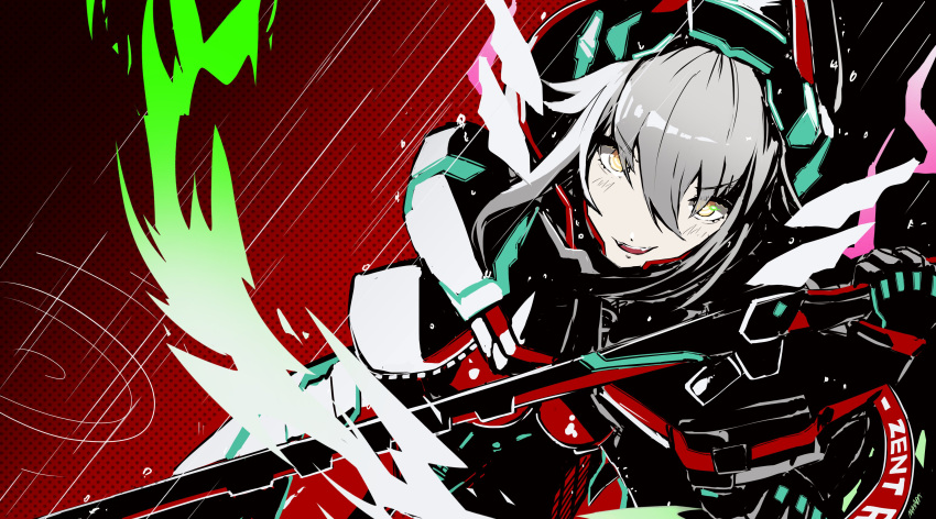 1girl, absurdres, black_gloves, bodysuit, character_name, gloves, grey_hair, highres
