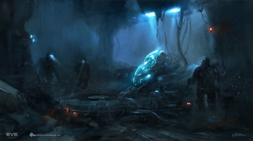 3others, ambiguous_gender, blue_theme, cable, commentary, company_logo, company_name, copyright_name, dark, dated, eve_online, georg_hilmarsson, glowing, helmet, highres, logo, multiple_others, official_art, scenery, science_fiction, signature, stasis_tank