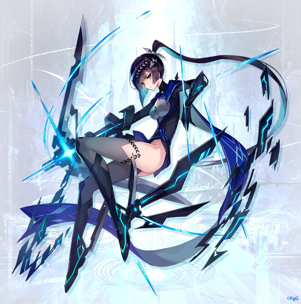 1girl, ancient_killers_(phantom_of_the_kill), ass, black_hair, blue_hair, boots, bow_(weapon), closed_mouth