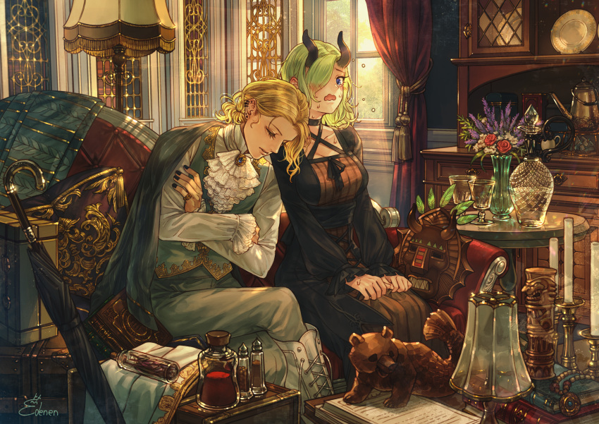 1boy, 1girl, aristocratic_clothes, ascot, bishounen, black_choker, black_dress, black_nails