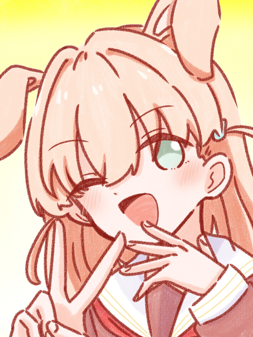 1girl, ;d, animal_ears, aqua_eyes, blush, brown_dress, commentary, crossed_bangs