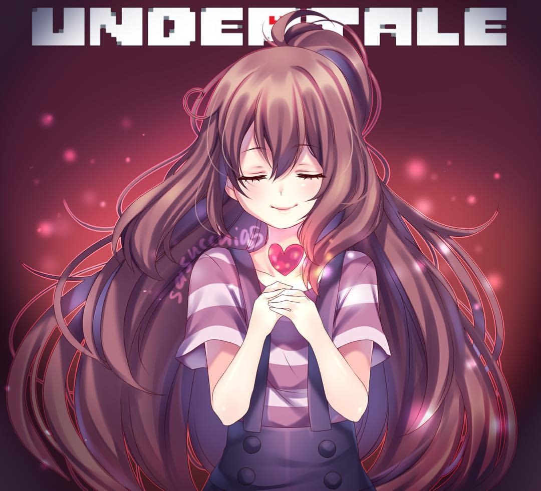 1girl, arabic_commentary, artist_name, artist_self-insert, brown_hair, buttons, closed_eyes, closed_mouth, collarbone, commentary_request, english_text, facing_viewer, hands_up, heart, high_ponytail, light_particles, long_hair, original, own_hands_together, pants, ponytail, purple_pants, purple_shirt, red_background, sasucchi95, shirt, short_sleeves, smile, solo, straight-on, striped_clothes, striped_shirt, suspenders, two-tone_shirt, u_u, undertale, upper_body, vignetting, white_shirt