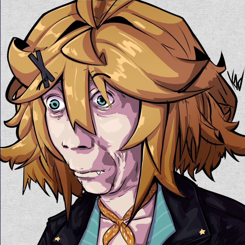 1girl, antenna_hair, bandana, bandana_around_neck, blonde_hair, blue_eyes, closed_mouth, commentary