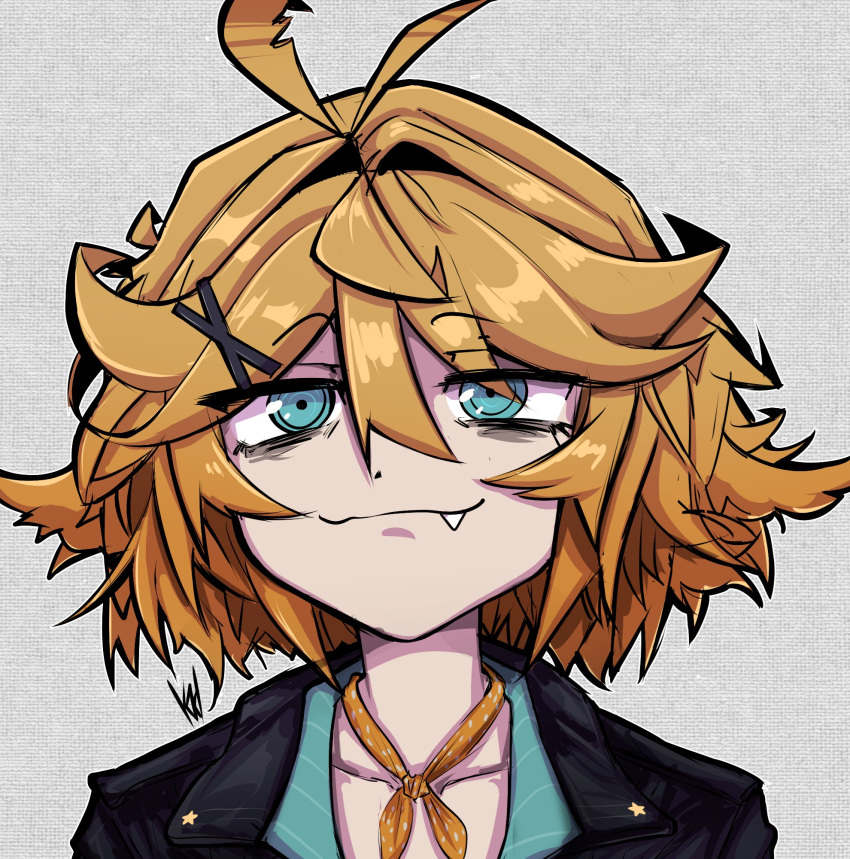 1girl, antenna_hair, bandana, bandana_around_neck, blonde_hair, blue_eyes, closed_mouth, commentary