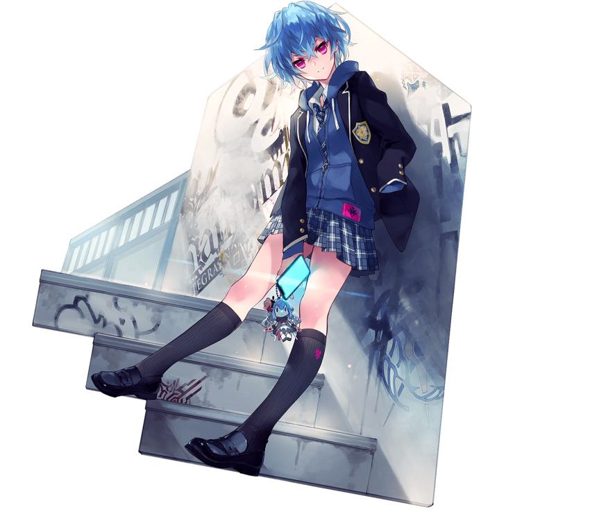 1girl, almace_(phantom_of_the_kill), black_socks, blazer, blue_hair, cellphone, closed_mouth, da-kuro