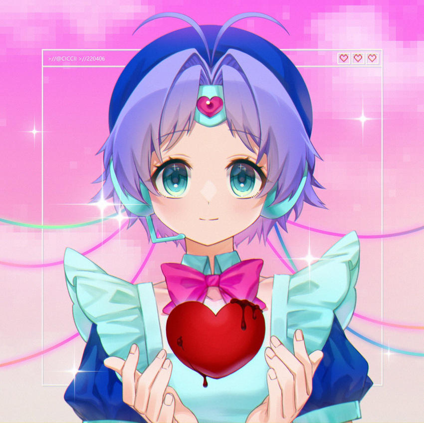 1girl, android, antenna_hair, apron, aqua_eyes, beret, blue_dress, blue_hat