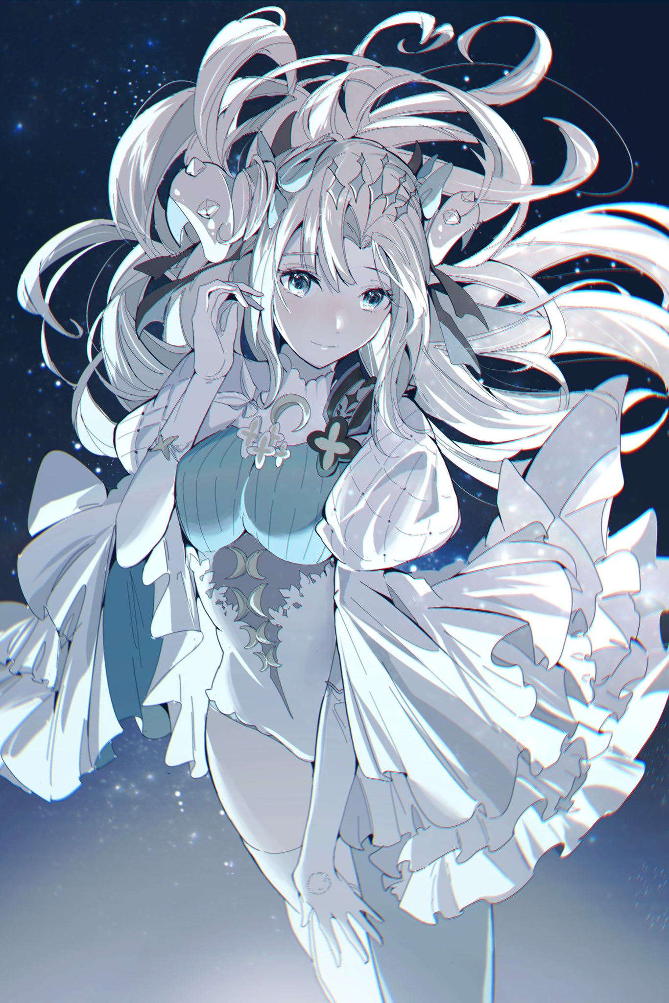 1girl, aqua_pantyhose, asymmetrical_legwear, blonde_hair, blue_eyes, blue_pantyhose, cone_horns, curled_horns