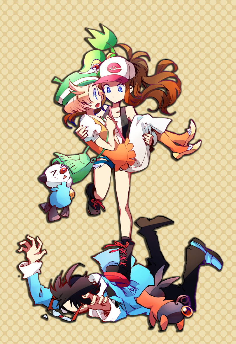 >_<, 1boy, 2girls, ahoge, antenna_hair, bare_shoulders, baseball_cap, bel_(pokemon), bell_(pokemon), black_hair, blazer, blonde_hair, blue_eyes, boots, bridal_style, broken_glasses, brown_hair, carrying, cheren_(pokemon), denim, denim_shorts, dress, glasses, hat, high_ponytail, long_hair, long_sleeves, lying, male, messenger_bag, multiple_girls, open_mouth, orange_legwear, orange_pantyhose, oshawott, pants, pantyhose, pokemon, pokemon_(creature), pokemon_(game), pokemon_black_and_white, pokemon_bw, ponytail, purse, red_eyes, shadow, shinoasa, shoes, short_hair, short_shorts, short_sleeves, snivy, socks, surprise, tepig, touko_(pokemon), vest
