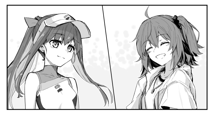 2girls, closed_eyes, fate/grand_order, fate_(series), fujimaru_ritsuka_(female), fujimaru_ritsuka_(female)_(summer_street), greyscale, grin