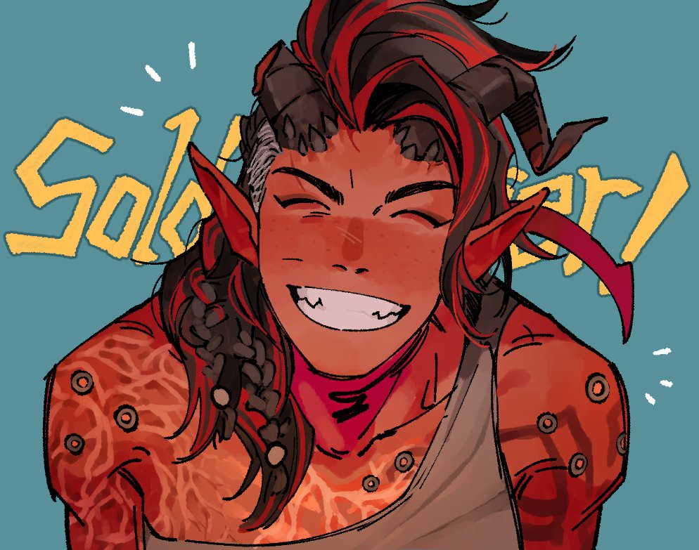 1girl, artist_request, baldur's_gate, baldur's_gate_3, black_hair, broken_horn, closed_eyes, colored_skin