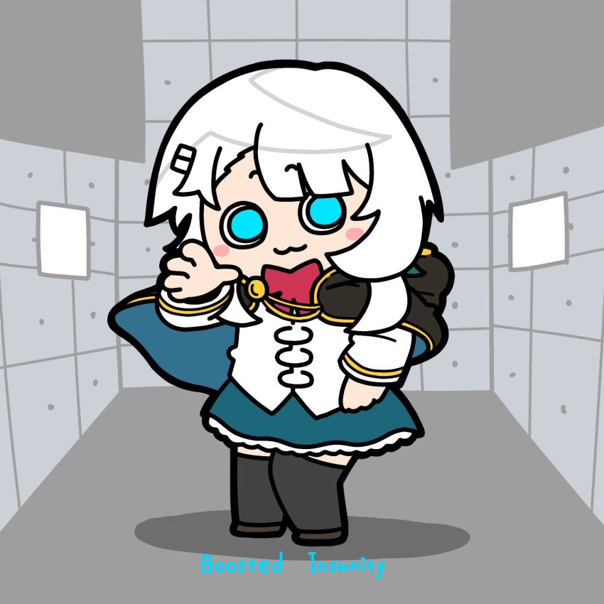 1girl, :3, aizawa_kazuha, assault_lily, black_cape, black_thighhighs, blue_eyes, blue_skirt