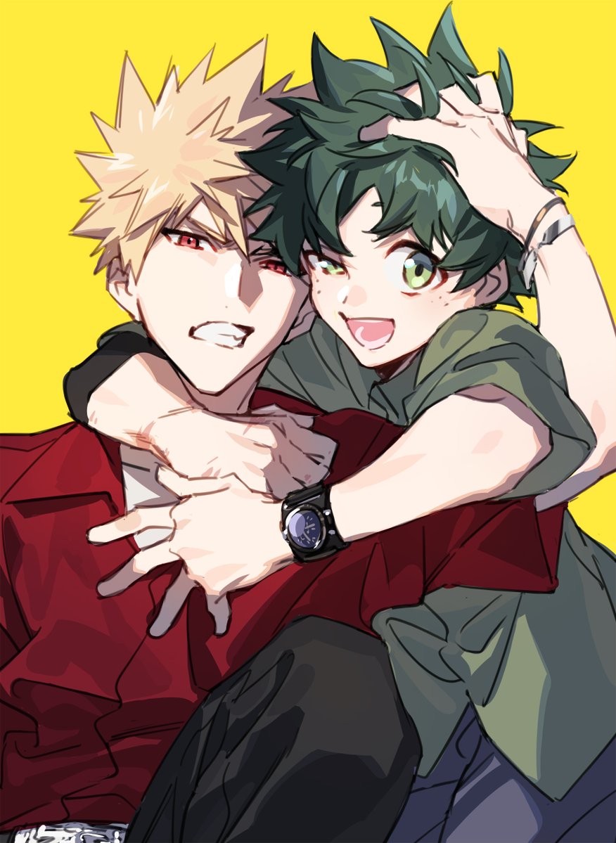 2boys, arm_up, arms_around_neck, bakugou_katsuki, belt, black_pants, blonde_hair, blue_pants