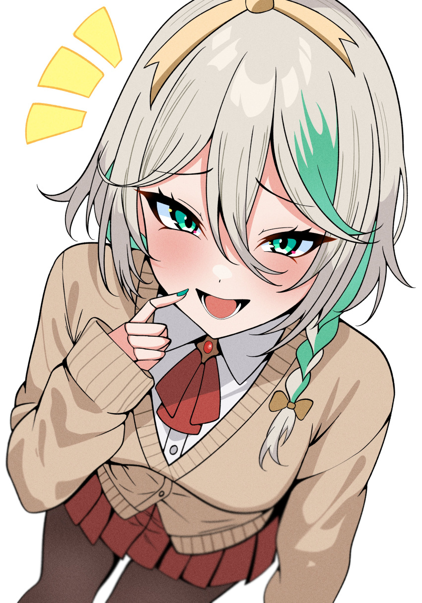1girl, absurdres, braid, brown_cardigan, brown_pantyhose, cardigan, cecilia_immergreen, colored_inner_hair, green_eyes, green_hair, grey_hair, highres, hololive, hololive_english, itsrice, multicolored_hair, pantyhose, pleated_skirt, school_uniform, side_braid, skirt, smug, virtual_youtuber, white_background