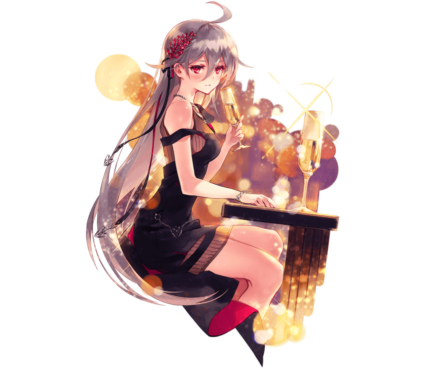 1girl, ahoge, bar_(place), bracelet, cup, da-kuro, desk, dress, drinking_glass, grey_hair, highres, jewelry, laevateinn_(phantom_of_the_kill), long_hair, looking_at_viewer, necklace, night, phantom_of_the_kill, red_eyes, sitting, solo