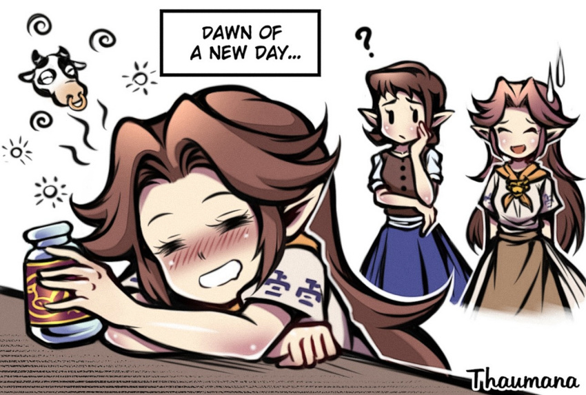 3girls, ?, anju, arm_under_breasts, arms_behind_back, black_eyes, blush, bottle