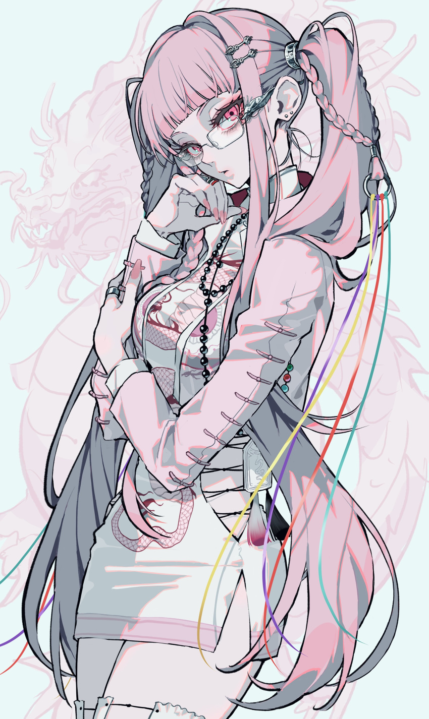 1girl, absurdres, bead_necklace, beads, blunt_bangs, braid, breasts, closed_mouth, clothing_cutout, collar, cowboy_shot, dragon_background, dress, ear_piercing, earrings, eyelashes, eyeshadow, fingernails, glasses, hair_ornament, hairclip, hand_on_own_cheek, hand_on_own_face, hand_up, head_tilt, highres, jewelry, layered_sleeves, long_fingernails, long_hair, long_sleeves, looking_at_viewer, makeup, nail_polish, necklace, original, piercing, pink_eyes, pink_eyeshadow, pink_hair, pink_nails, puckered_lips, ring, short_dress, side_cutout, side_slit, sidelocks, skirt, solo, tassel, thigh-highs, turtleneck, twintails, urkt_10, very_long_hair, zettai_ryouiki