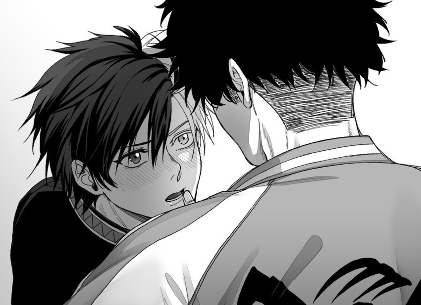 2boys, black_hair, black_jacket, blush, commentary, eye_contact, finger_to_another's_mouth, greyscale, hair_between_eyes, heterochromia, imoken_pippy, jacket, looking_at_another, lower_teeth_only, male_focus, monochrome, multicolored_hair, multiple_boys, open_mouth, print_jacket, sakura_haruka_(wind_breaker), simple_background, split-color_hair, striped_clothes, striped_jacket, teeth, upper_body, white_background, wind_breaker_(nii_satoru), yamato_endo