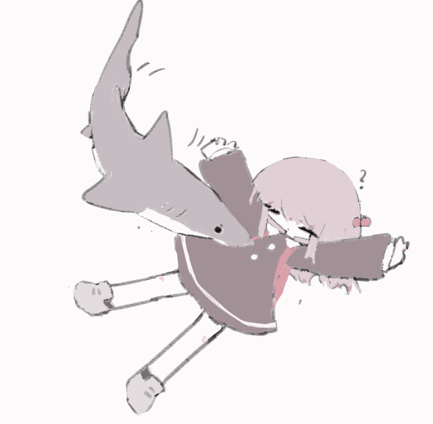 1girl, ?, animated, animated_gif, arms_up, attack, backpack, bag, biting, bow, che_(cagelabyrinth), closed_mouth, dot_mouth, dress, highres, no_nose, original, pale_color, pastel_colors, pink_bow, pink_hair, randoseru, red_eyes, shark, sidelocks, surreal, white_background