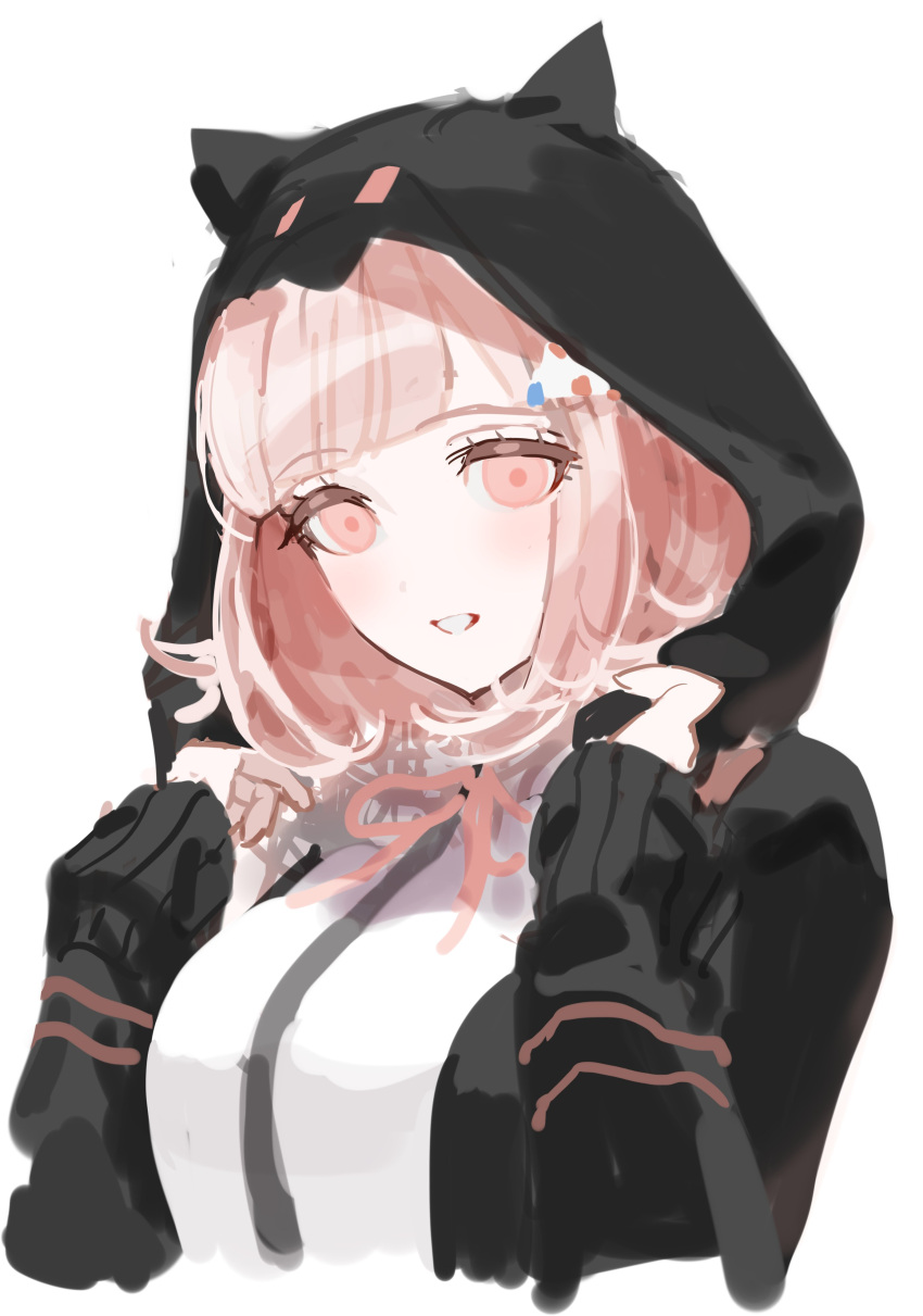 1girl, :d, absurdres, animal_ears, black_jacket, blunt_bangs, brown_hair, cropped_torso, danganronpa_(series), danganronpa_2:_goodbye_despair, fake_animal_ears, fug_uai, grin, highres, hood, hood_up, hooded_jacket, jacket, medium_hair, nanami_chiaki, neck_ribbon, open_clothes, open_jacket, pink_eyes, pink_ribbon, pink_shirt, ribbon, shirt, smile, solo, teeth, two-tone_shirt, upper_body, white_shirt