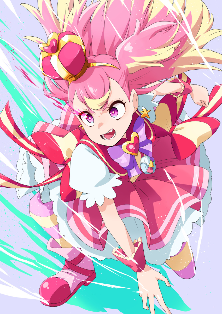 1girl, absurdres, arched_crown, blush, bow, brooch, commentary_request, crown, cure_wonderful, dress, dress_bow, earrings, fangs, gradient_background, grey_background, hairband, heart, heart_brooch, highres, inukai_komugi, jewelry, keijirou_(mukunozaltusou), long_hair, looking_at_viewer, magical_girl, mini_crown, open_mouth, pink_crown_(object), pink_eyes, pink_hair, precure, short_dress, solo, two_side_up, wonderful_precure!, wrist_cuffs