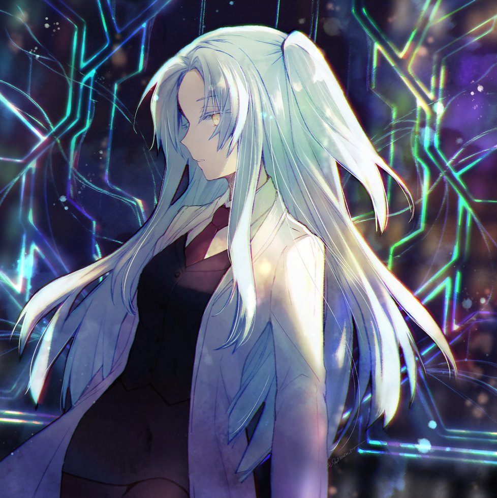 1girl, angela_(project_moon), black_skirt, black_vest, blue_hair, collared_shirt, cowboy_shot, lobotomy_corporation