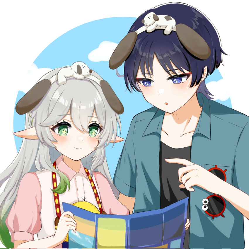 1boy, 1girl, alternate_costume, alternate_hairstyle, animal_ears, black_shirt, blouse, blue_shirt, blue_sleeves, blunt_ends, blush, breast_pocket, clouds, collared_shirt, contemporary, cross-shaped_pupils, dating, dog, dog_ears, double-parted_bangs, eyeliner, eyeshadow, fake_animal_ears, genshin_impact, gradient_hair, green_eyes, green_hair, hair_between_eyes, hair_down, highres, holding, holding_map, makeup, map, multicolored_hair, nahida_(genshin_impact), omochi_(omoch1_93), open_clothes, open_mouth, open_shirt, paper, parted_bangs, pink_shirt, pocket, pointing, pointing_at_another, pointy_ears, puffy_short_sleeves, puffy_sleeves, purple_hair, red_eyeliner, red_eyeshadow, round_eyewear, scaramouche_(genshin_impact), shirt, short_sleeves, sidelocks, sunglasses, symbol-shaped_pupils, undershirt, violet_eyes, white_hair