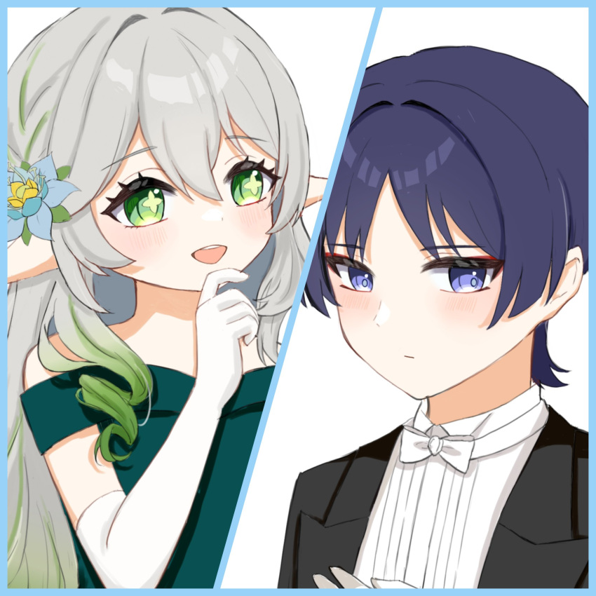 1boy, 1girl, alternate_costume, aqua_flower, bare_shoulders, blunt_ends, bow, bowtie