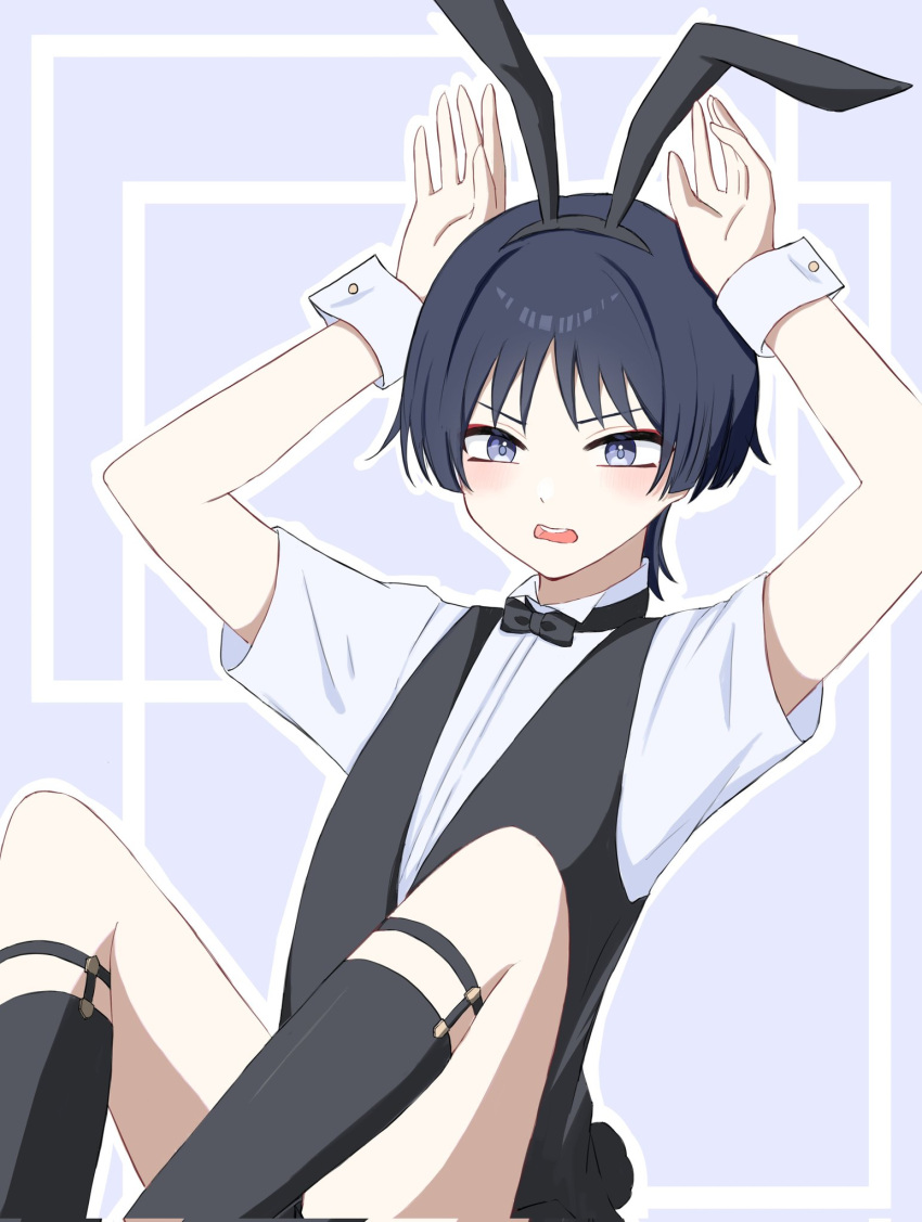 1boy, animal_ears, arms_up, black_bow, black_bowtie, black_hair, black_socks, black_vest