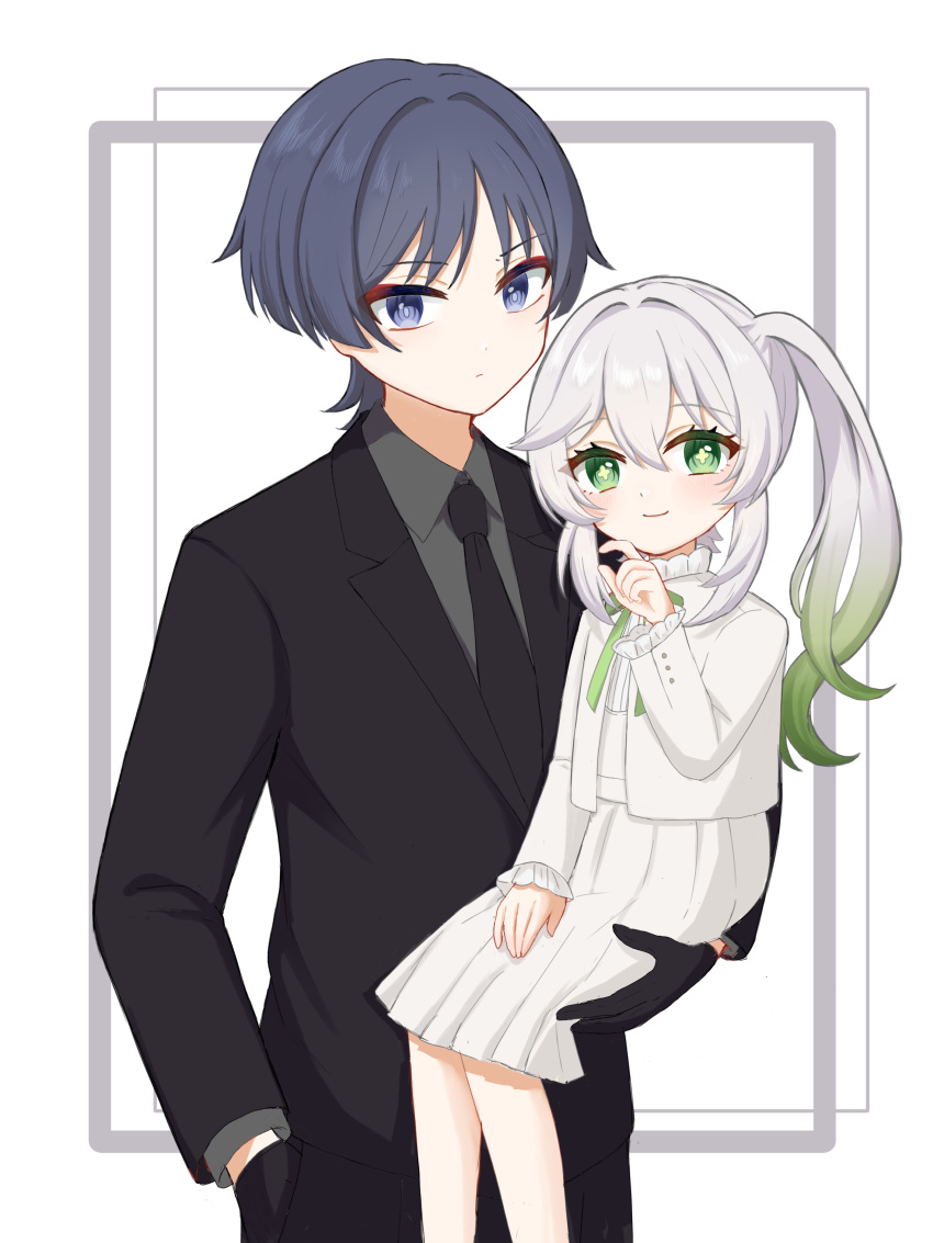 1boy, 1girl, absurdres, alternate_costume, black_gloves, black_hair, black_jacket, black_necktie