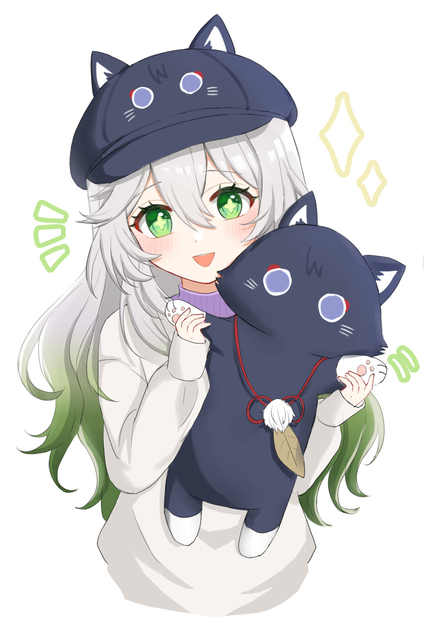 1girl, absurdres, alternate_hairstyle, animal_ears, animal_hands, animal_hat, black_hat, blush, cabbie_hat, cat, cat_ears, cat_hat, cosplay, double-parted_bangs, eyeliner, eyeshadow, feathers, genshin_impact, gradient_hair, green_eyes, green_hair, hair_between_eyes, hair_down, hat, highres, long_sleeves, makeup, multicolored_hair, nahida_(genshin_impact), omochi_(omoch1_93), open_mouth, outstretched_arms, pom_pom_(clothes), purple_sweater, red_eyeliner, red_eyeshadow, red_rope, rope, scaramouche_(cat)_(genshin_impact), scaramouche_(genshin_impact), shirt, sidelocks, sweater, teeth, turtleneck, turtleneck_sweater, undershirt, upper_teeth_only, wanderer_(fairy_tale_cat)_(genshin_impact), wanderer_(genshin_impact), wanderer_(genshin_impact)_(cosplay), whiskers, white_hair, white_shirt, white_sleeves