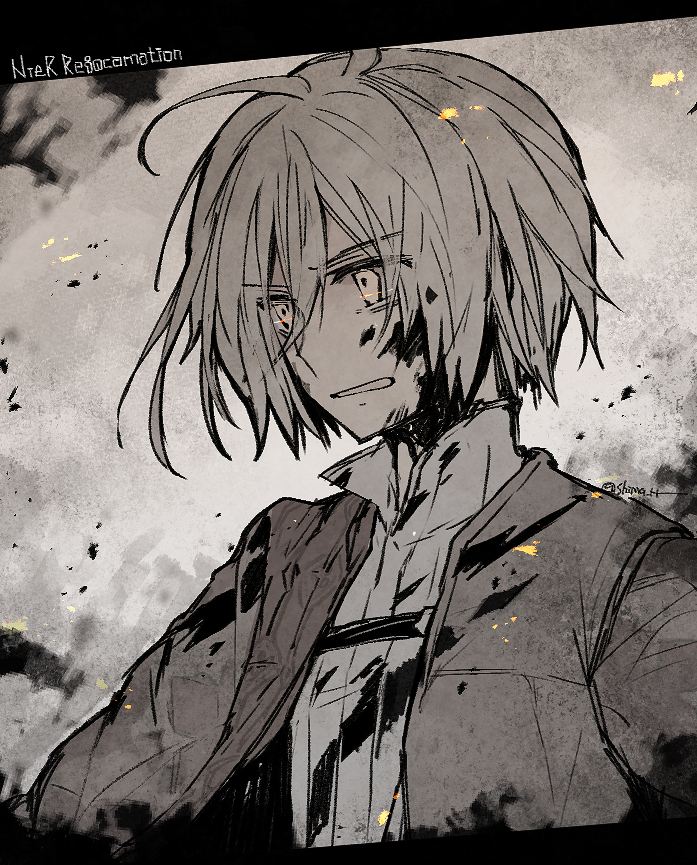 1boy, ashes, blood, blood_on_clothes, blood_on_face, clenched_teeth, collared_shirt, greyscale